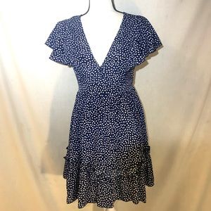 Blue ruffle polka dot short sleeve patterned dress